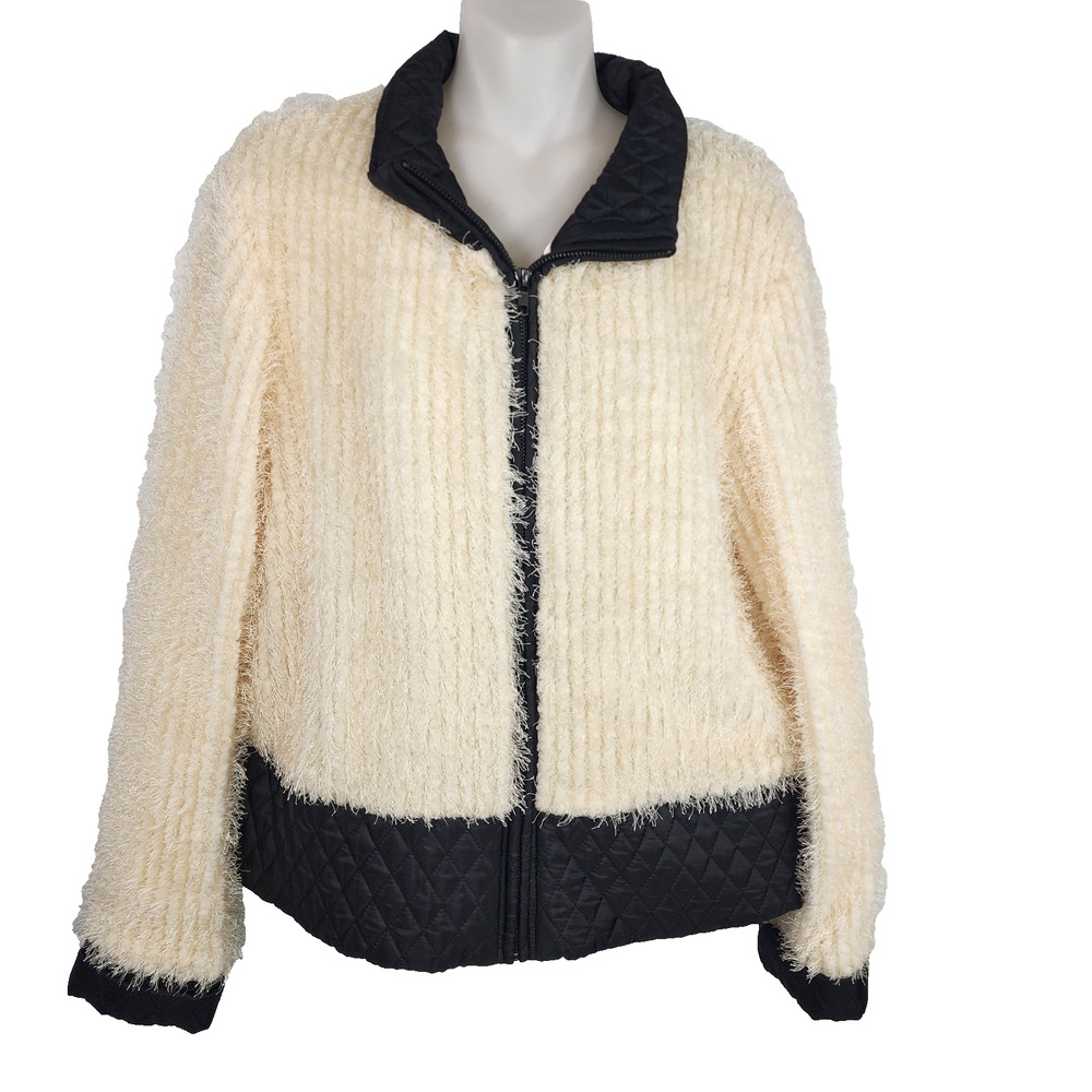 Vintage Cristina Womens Jacket Full Zip Quilted Trim Cream Black Shaggy 80s XL